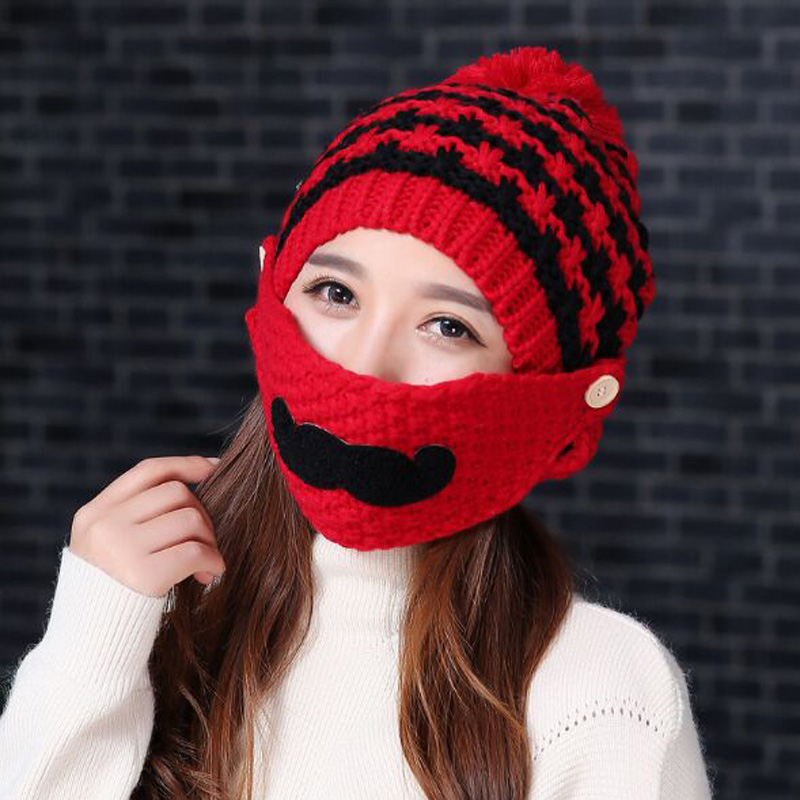 

Add Wool Knitted Cap Warm Parent-child Fashion Women Gorro Beanies Big Beard In Winter Hats Earmuffs Masks Cap Bone Skullies, White