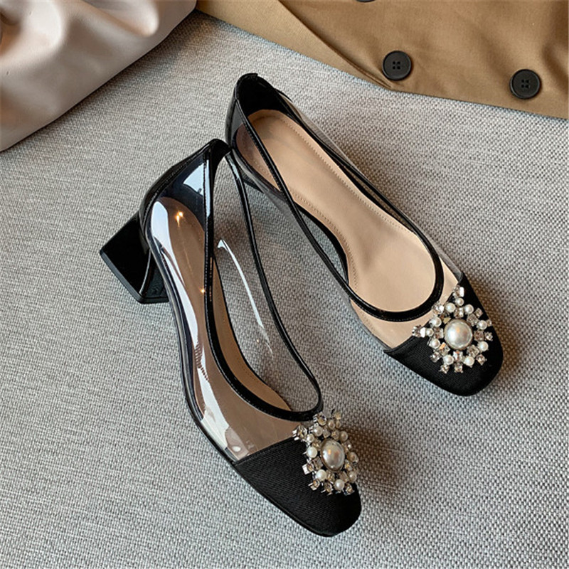 

Brand New Rhinestone Transparent Shoes Women High Heels Fashion Thick Heel Summer Shoes Woman High Quality, Black