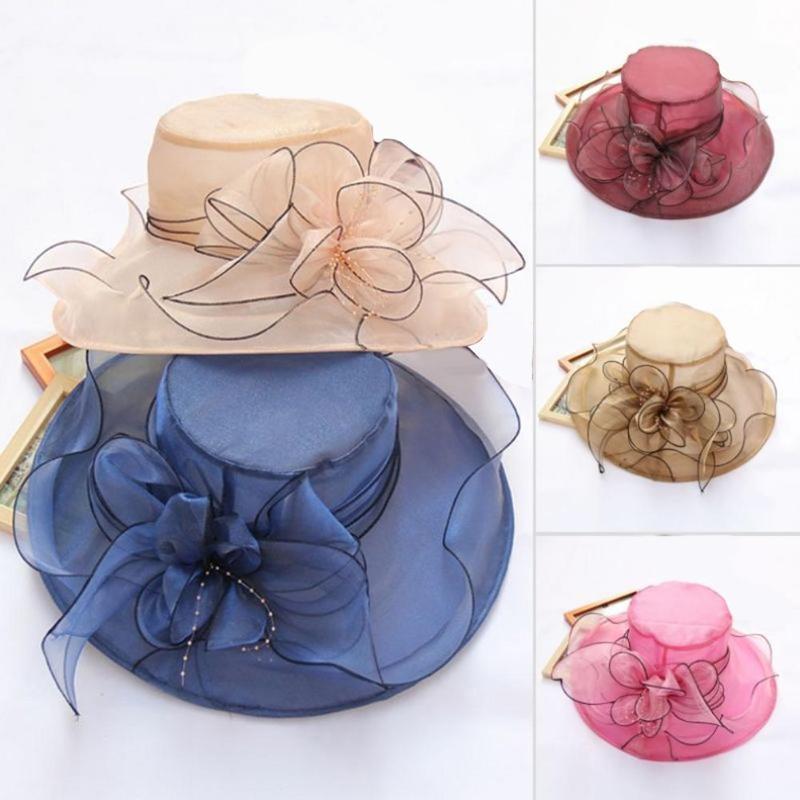 

Elegant Lady Wide Brim Flower Sun Hat Women Wedding Party Travel Cap summer top hat Clothing Accessory, Beige