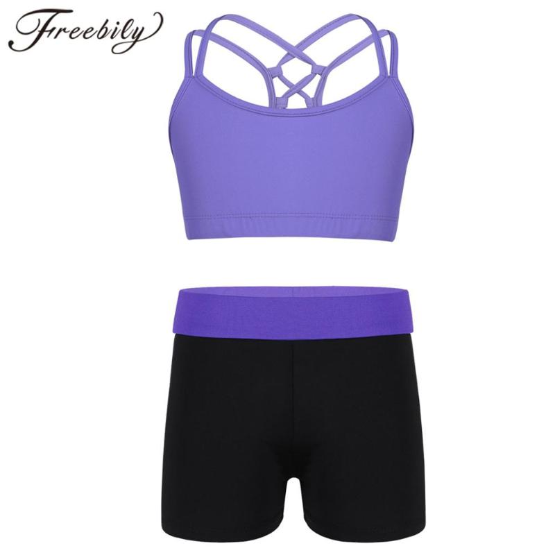 

Kids Girls Sports Suit Spaghetti Straps Criss Cross Back Bra Tops Crop Top With Shorts Children Gym Workout Fitness Sports Sets, Lavender