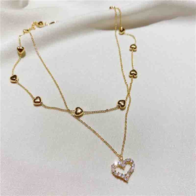 

New Clavicle Chain Necklace Crystal Double layer Chain Heart Choker Necklace Women Collar Female Chocker Jewelry Neckalce