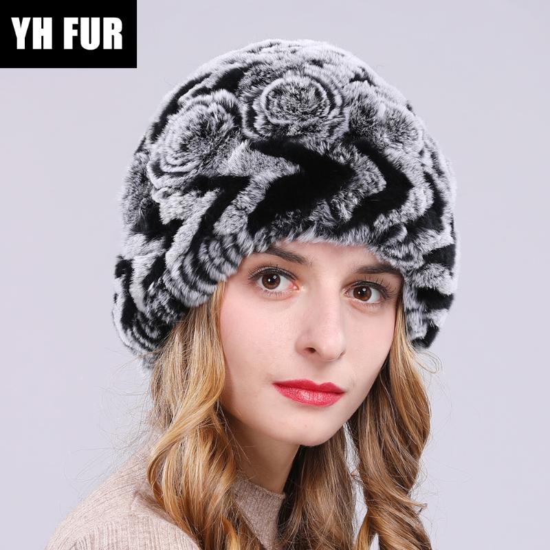 

Brand Women Natural Rex Fur Hats Knitted Striped Genuine Rex Fur Beanies Cap Winter Warm Flowers Skullies Hat, Grey black