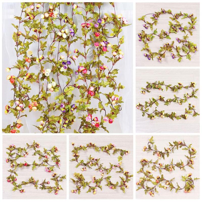 

2.2M 42 Buds Artificial Rose Flowers Leaves Vine Hanging Light Copper Garland For Wedding DIY Wire V0C2, Pink