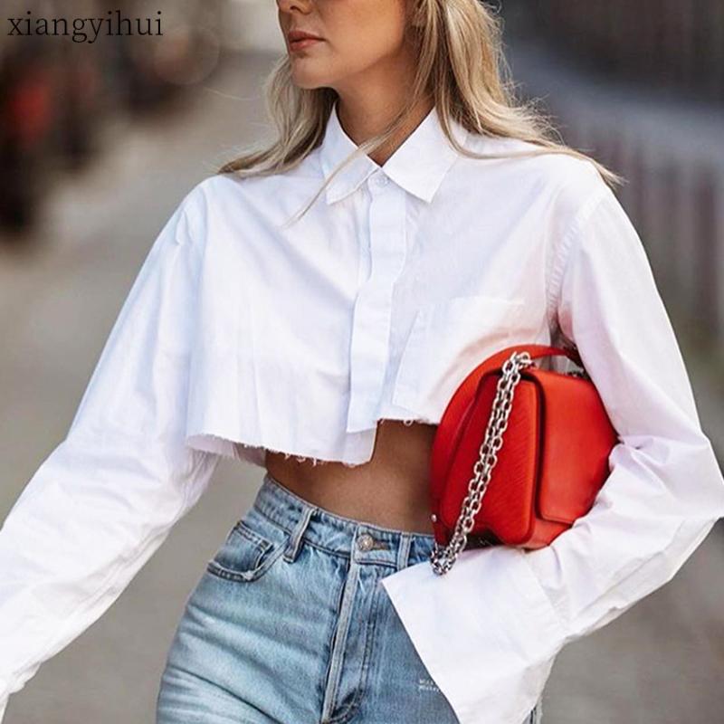 

Irregular Long Sleeve Shirt Women White Blouse Female Fashion Turn Down Collar Short Shirts Casual Single Breasted Crop Top