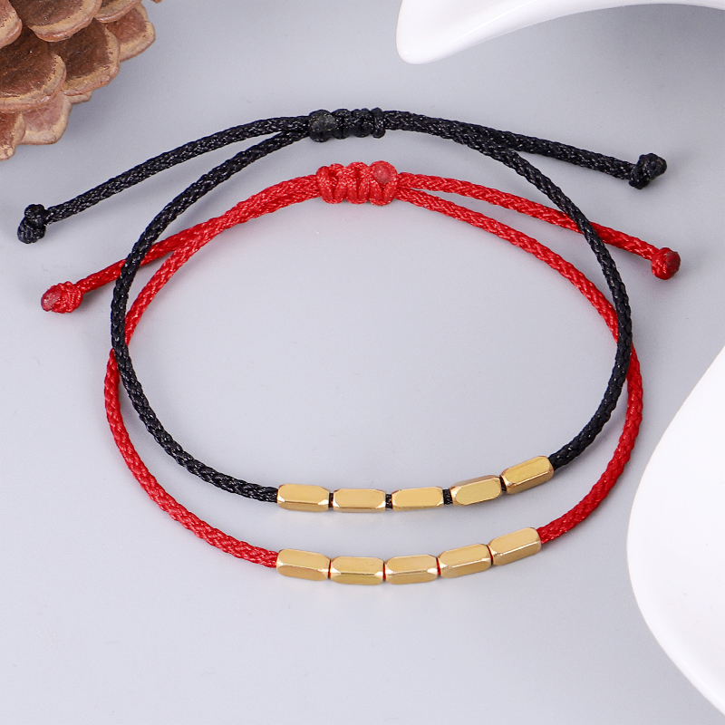 

Lucky Black Rope Bracelet With Copper Charm Beads Tibetan Buddhist Hand Braid Knots couple bangle