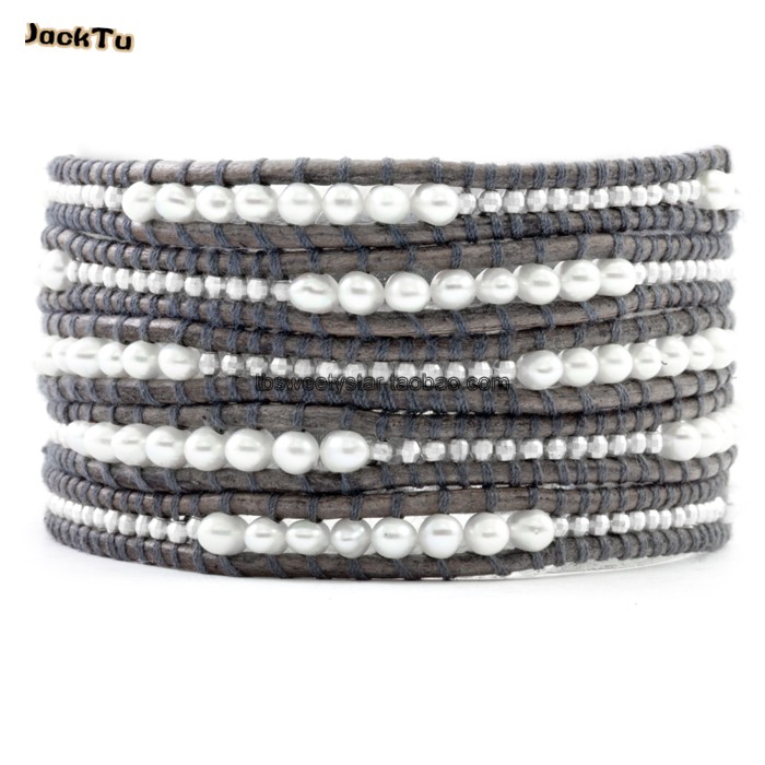 

3mm laser beads mix natural fresh water pearl leather bracelet for woman