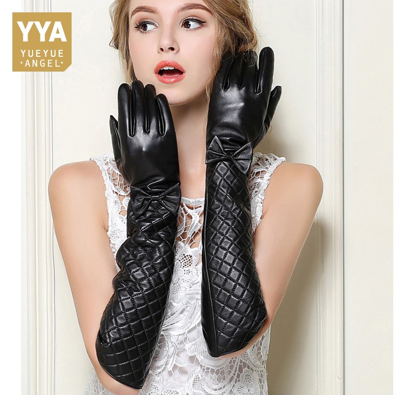 

2020 High Quality Woman Gloves Genuine Leather Solid Womens Fingerless Gloves Fashion Plaid Bowknot Guantes Mujer Plus Size
