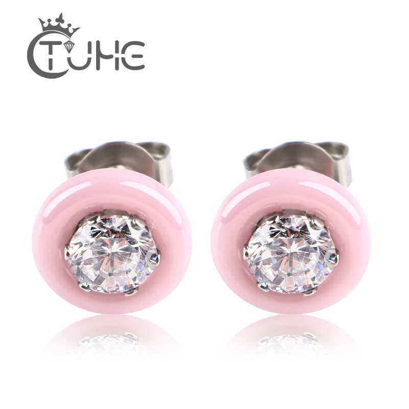 

Round Pink Black White Ceramic Stud Earrings For Women Big Crystal CZ Pink Women Earrings Jewelry Wedding Wholesale