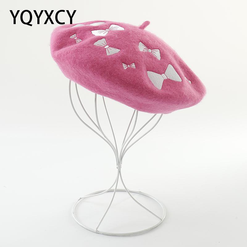 

Bow Embroidered Wool Beret Autumn Winter Hats For Women Ladies Painter Cap Flat Pink Beret Vintage Bonnet 2020 New Beanie, White