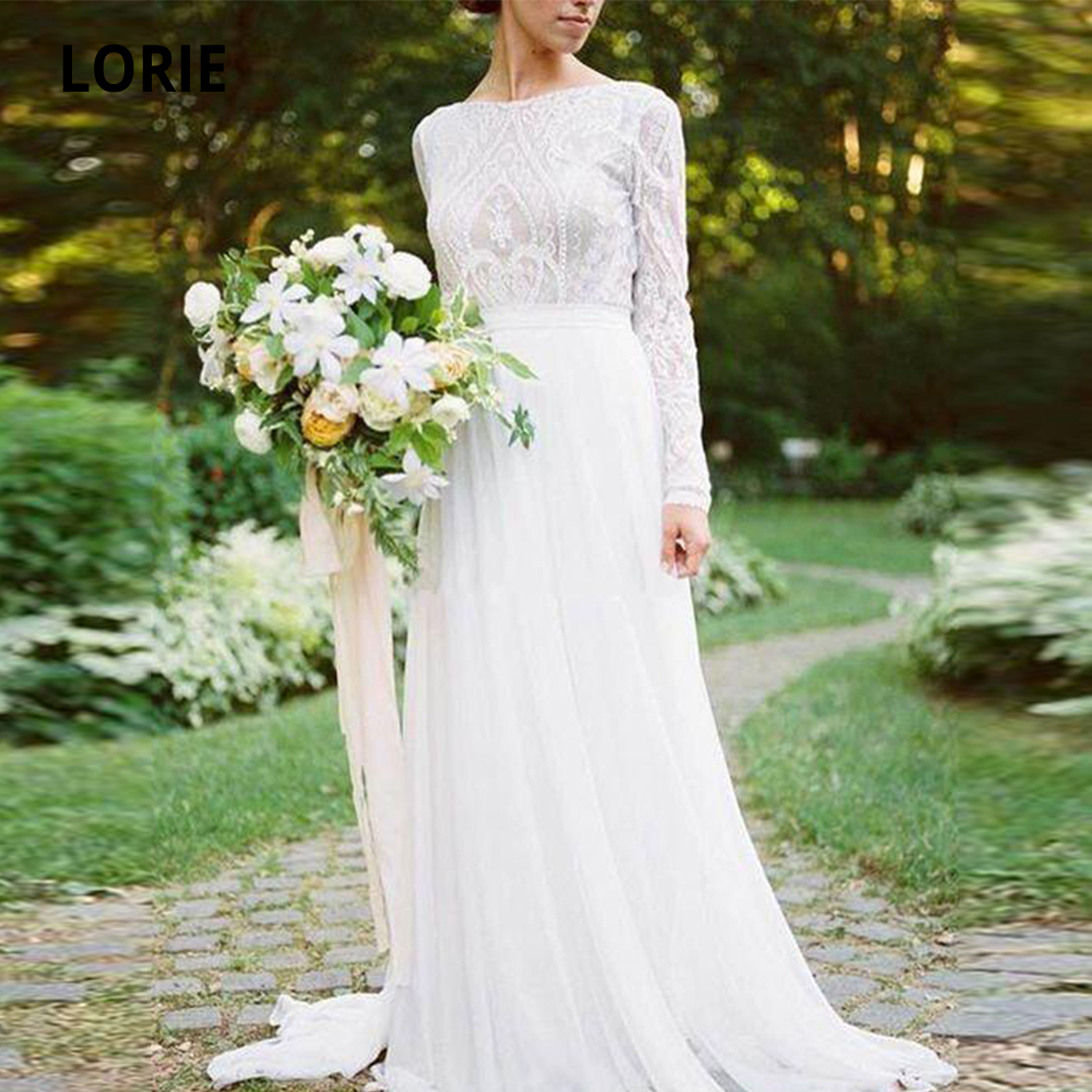 

LORIE Bohemian Country Long Sleeves Wedding Dresses Boho 2019 O-neck A Line Lace Appliqued Chiffon Beach Bridal Gowns Cheap, White