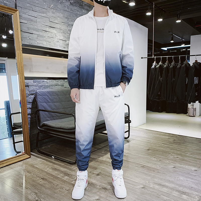 

Autumn Men Gradient color Sportswear two-piece Tracksuit running Sweatshirt Zipper Jacket And Pants Mens Streetwear Clothing Set, Black