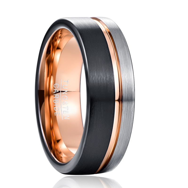 

New Fashion Rose Gold Color Groove Woman Men's Tungsten Carbide Ring Classic Wedding Brushed Black Male Jewelry Rings For Band