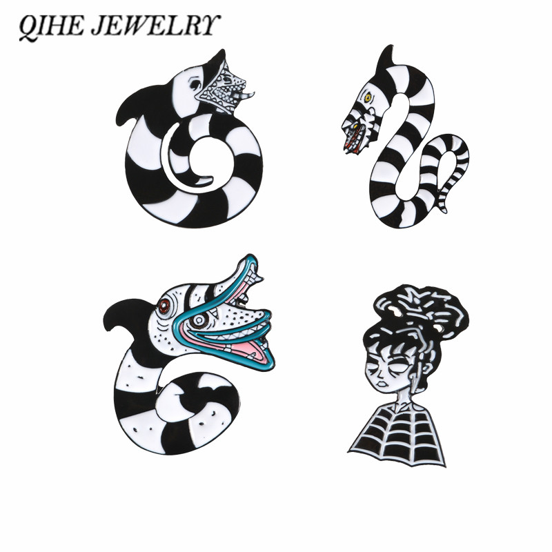 

QIHE JEWELRY Beetlejuice Sandworm Lydia Deets Pins Badges Brooches Gothe pins Halloween brooches Movie jewelry