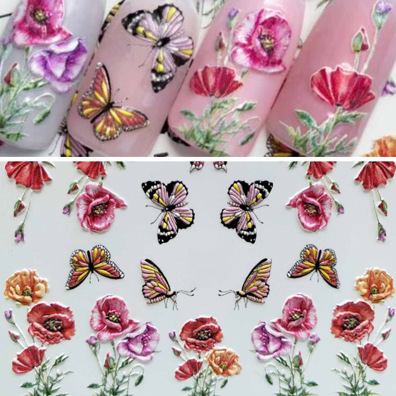 

Flower Butterfly 3D Nail Sticker Water Transfer Decal Sliders Nail Art DIY Manicure Nails Sticker Professional Nails Embossed, 14