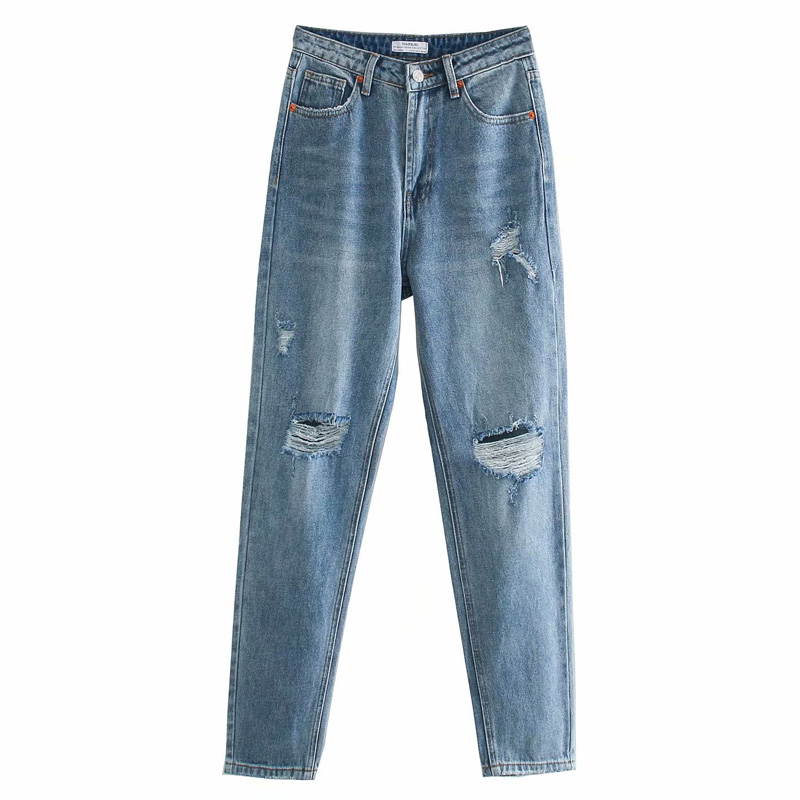 

Elina Loose Broken Hole Jeans Women Fashion Full Length Denim Pants Women Elegant Bleached Deep Blue Jeans Female Ladies HV, Msdja1502