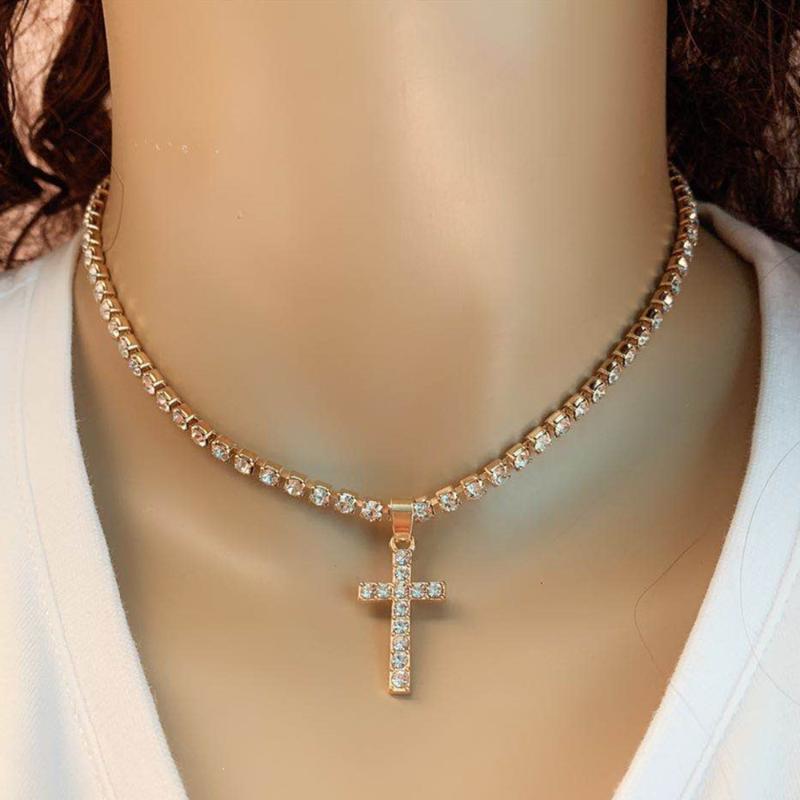 

Iced Out Zircon Cross Pendant Necklaces For Women Crystal Choker Collares Chain Female Gothic Jewelry