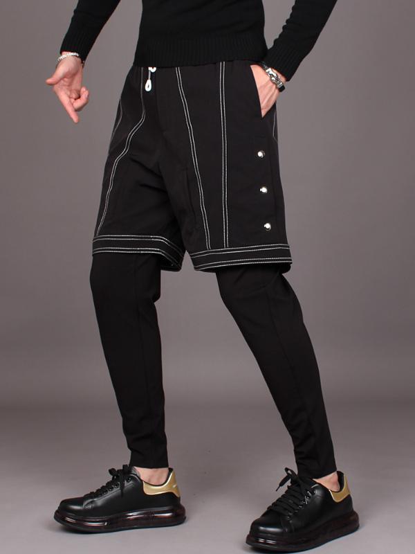 

3XL!Tide brand custom dark fake two-piece harem pants with small feet, autumn male hairdresser personality trend casual pants, Black