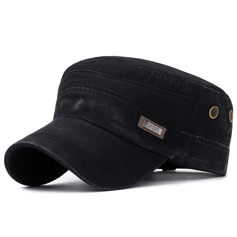 

Men's Flat Washed Hat with Slub texture Curved visor Badge Breathable mesh Adjustable Field Retro Cap Army Kepi Postman, Black