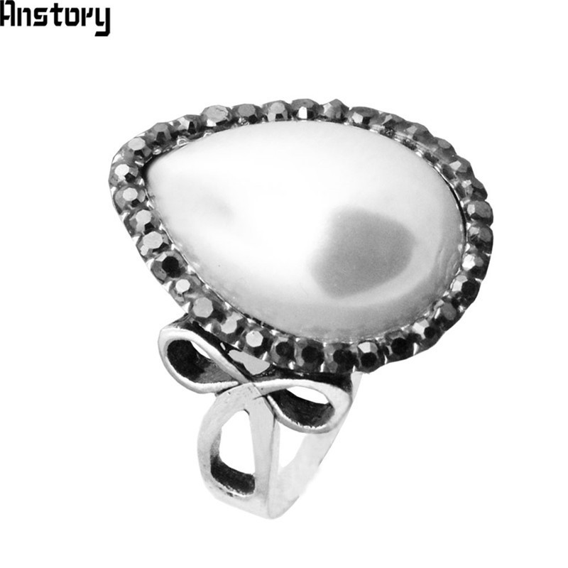 

Water Drop Pearl Rings Rhinestone Rings For Women Antique Silver Plated Fashion Jewelry