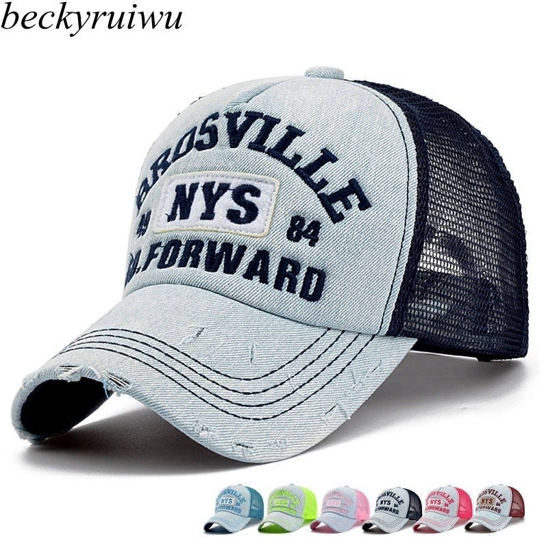 

Wholesale adult outdoor casual trucker hats women and men summer letter embroidery denim wash mesh baseball caps, Solid