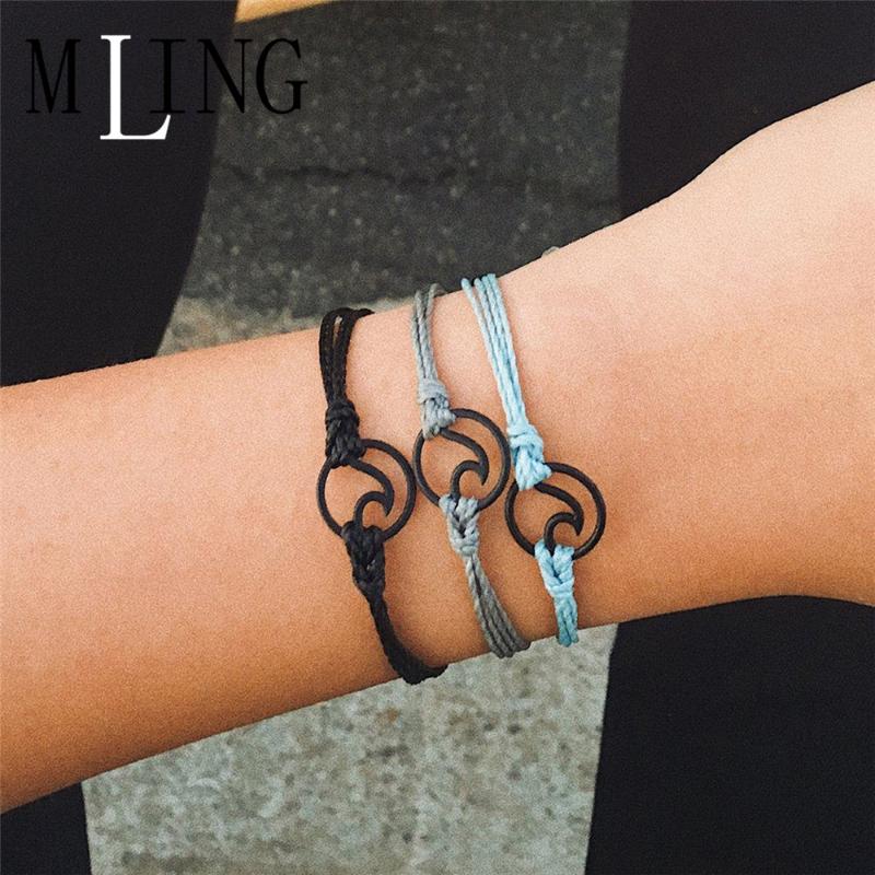 

MLING 3 Pcs/Set Bohemian Braided Bracelet Wave Black Handmade Bracelet Adjustable Multiple Layers Set Female Jewelry