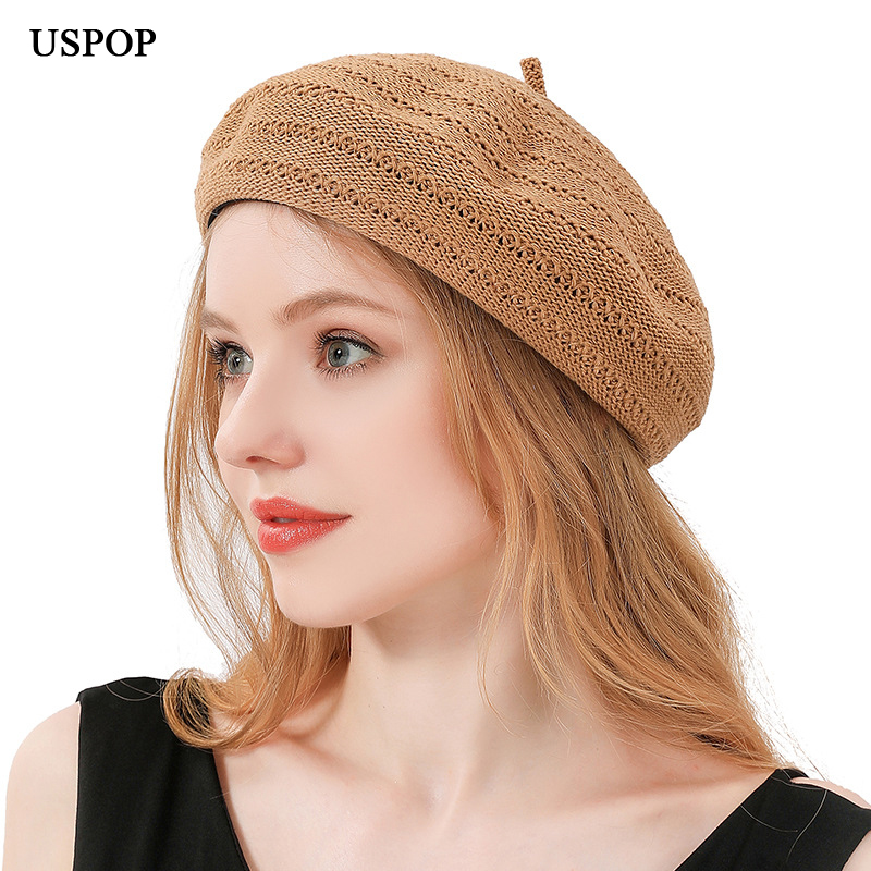 

USPOP 2020 Women berets solid color hollow-out knitted beret, Black