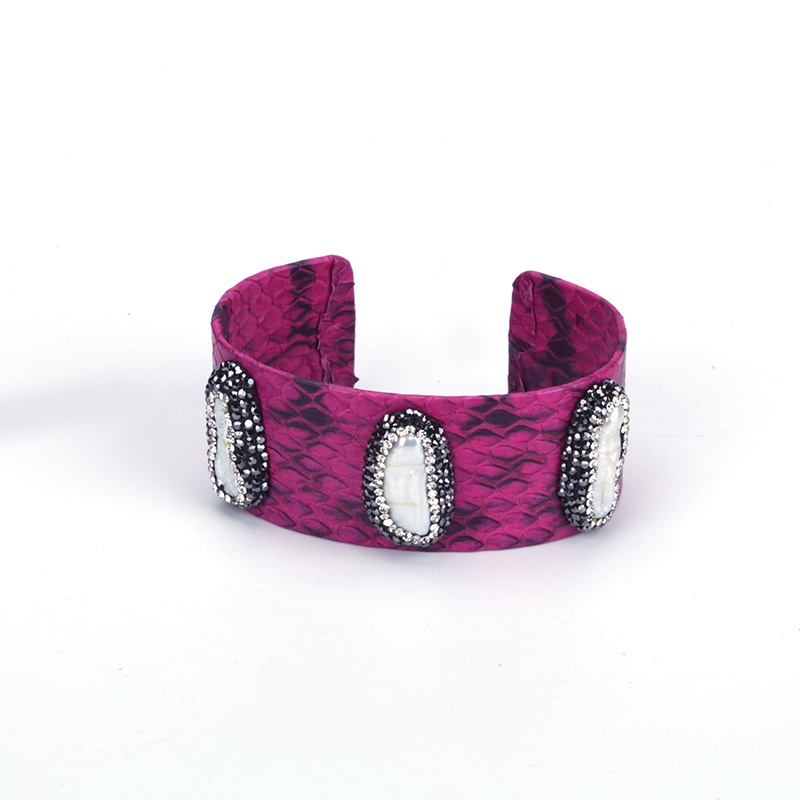

Natural Irregular Long Freshwater Pearl Beads Charm Pave Rhinestone Hot Pink Real Leather Wrap Big Open Bangle Cuff For Women