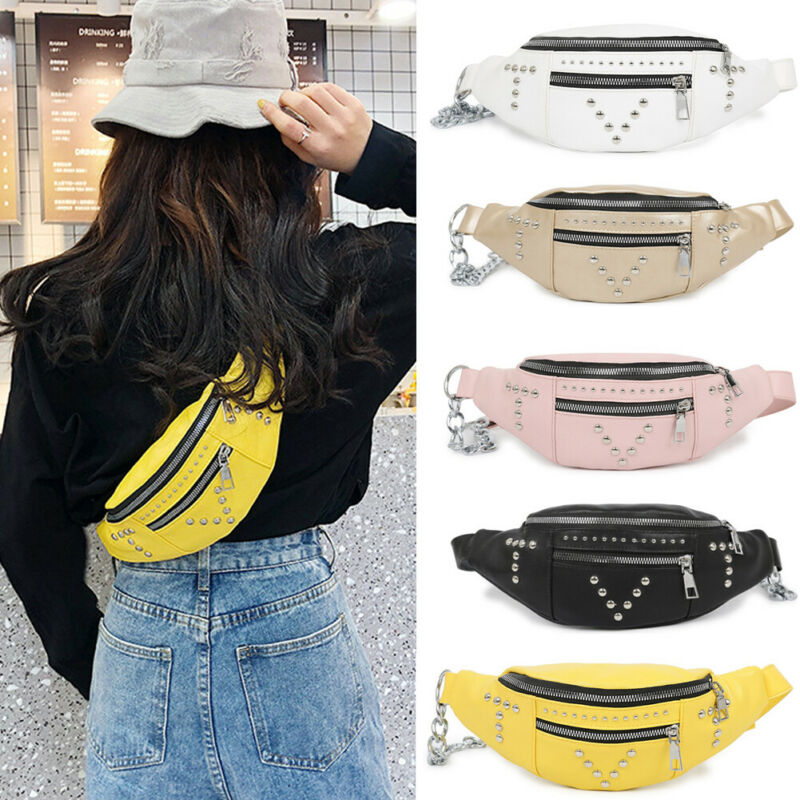 

Fashion rivet Waterproof Waist Packs Crossbody Bags Women Fanny Pack Female Belt Bag Chest Phone Pouch Wallet, Black