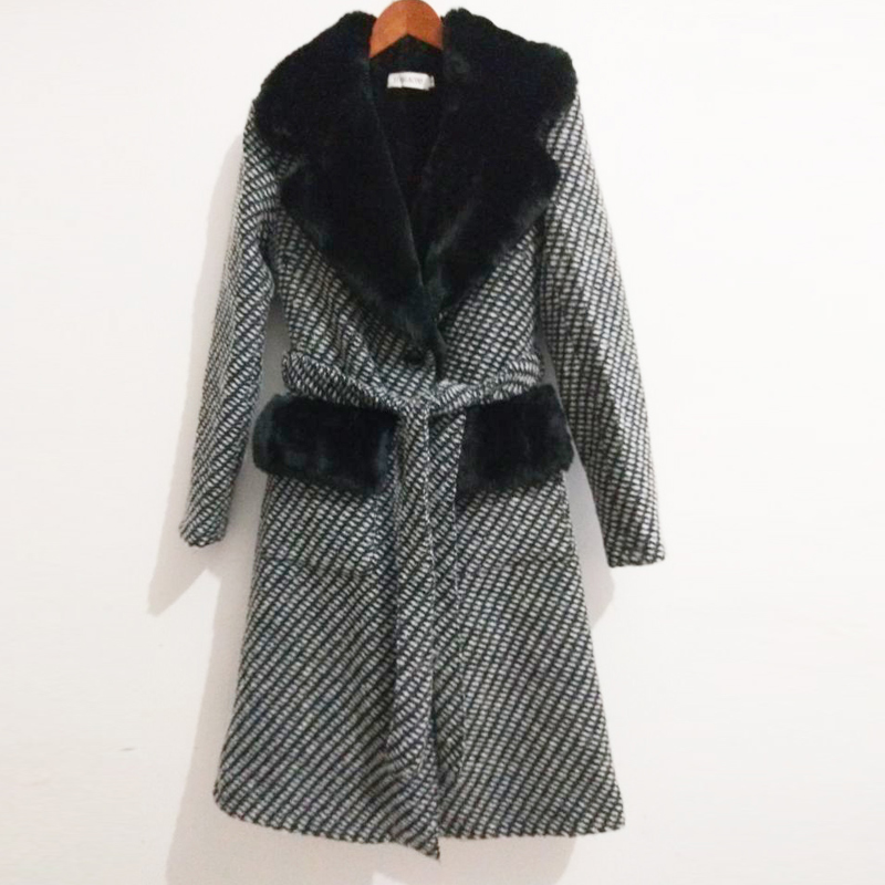 

woolen coat Fight imitation fur coat long autumn/winter women' jacket retro, Black