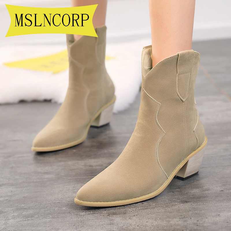 

Plus Size 34-46 Spring Fashion Women Boots Beige Pointed Toe Leather Ankle Boots Heels Shoes Autumn Winter Female Socks