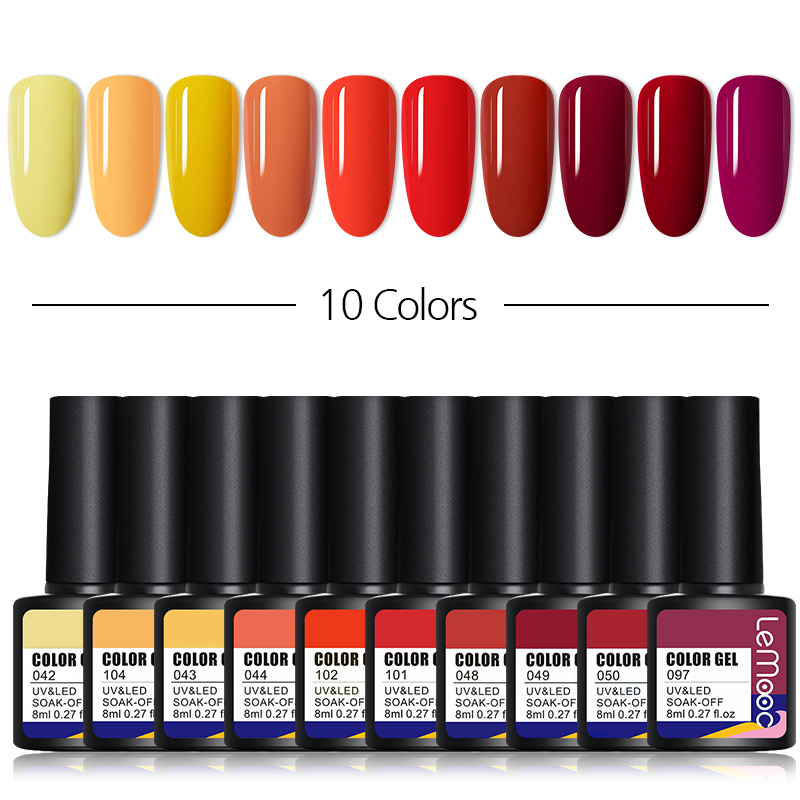 

LEMOOC 10Pcs/Lot Color Gel Nail Polish Set 116 Colors Semi Permanent UV Led Gel Varnish Soak Off Nail Lacquers Base Top Coat