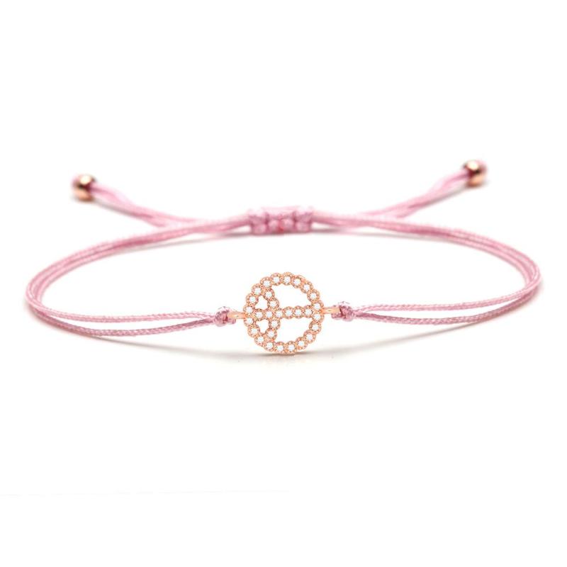 

Charm Bracelets White Zircon Crystal Copper Peace Sign Bracelet Women Femme Pink Light Blue String Braided Classic Symbol