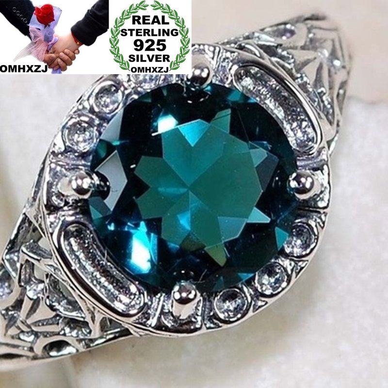 

OMHXZJ Wholesale European Fashion Woman Man Party Wedding Gift Silver Green Round Topaz 925 Sterling Silver Ring RR129