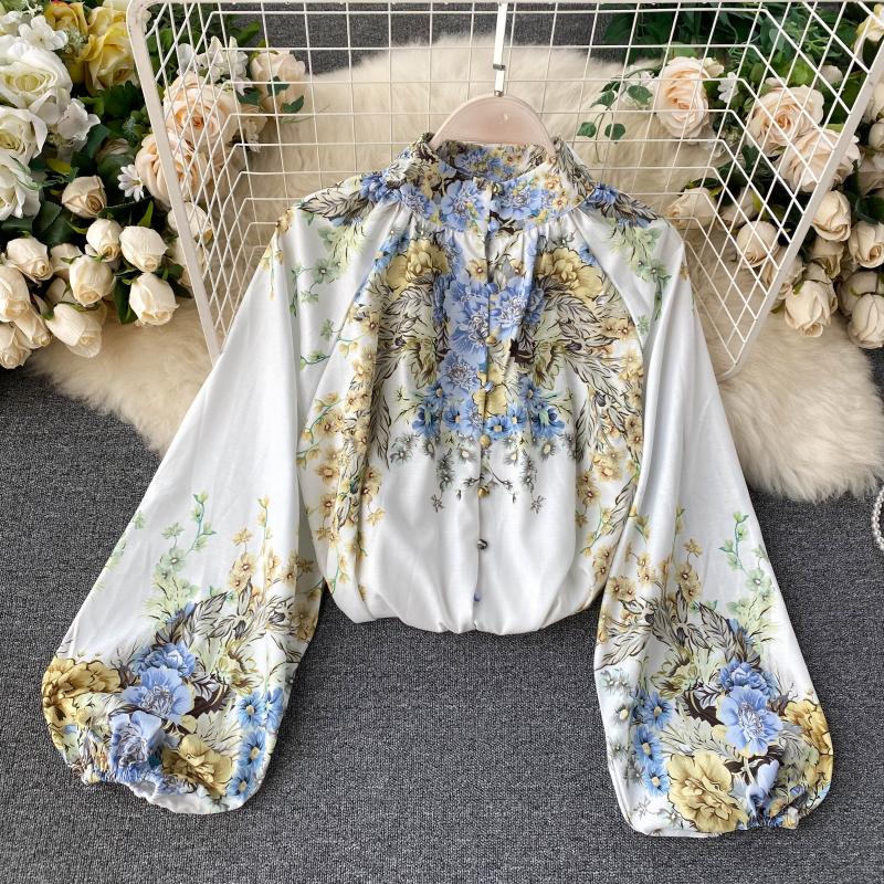 

Autumn Elegant Long Sleeve Floral Printed Chiffon Blouses And Shirts 2020 Women Runway Designers Tops, White
