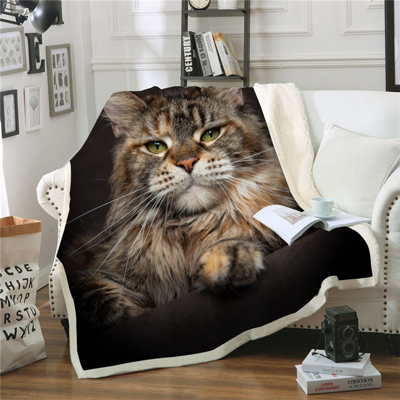 

3D Gray Cat Bed Blanket on Sofa Throw Bedspreads Cute Animal Print Bedding Pet Sherpa Plush Blanket Fur Print Thin Quilt