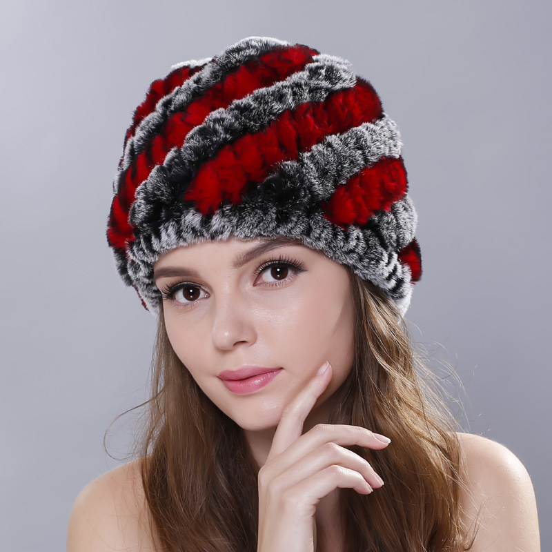 

Striped Double Colors Women Winter Beanies Hat Cap Lady Warm Natural Rex Fur Knitted Beanie Pineapple Hats for Girl, Coffee forst white