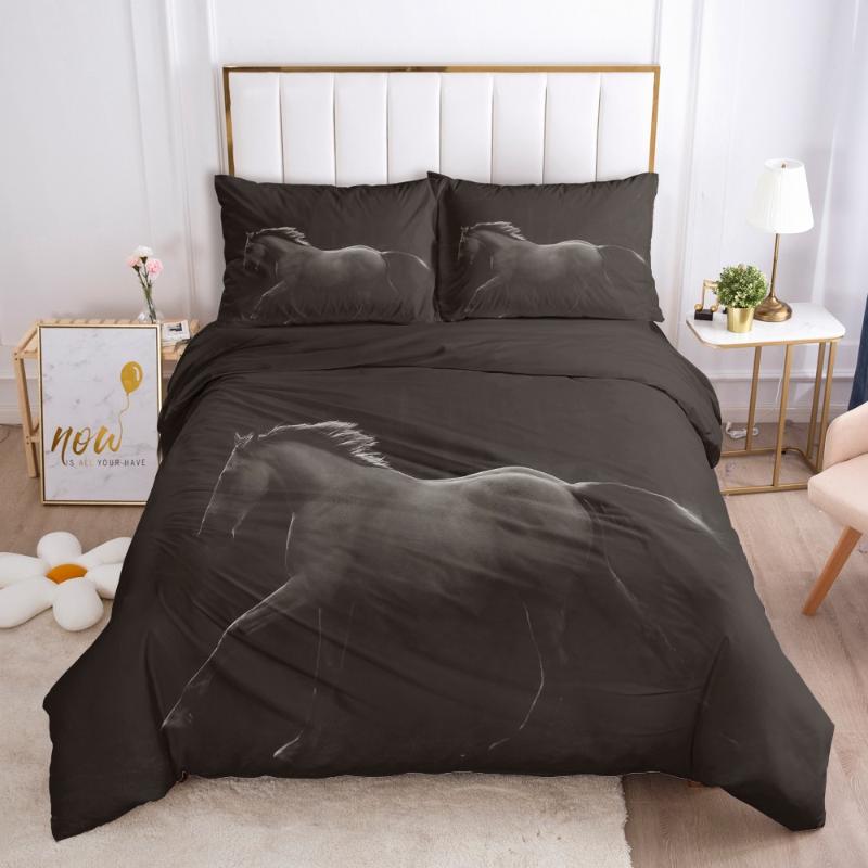 

3D Bedding Sets Duvet Quilt Cover Set Comforter Case Bed Linens King Queen Full Single Double Black Animal Horse Home Texitle, Horse002-white-d