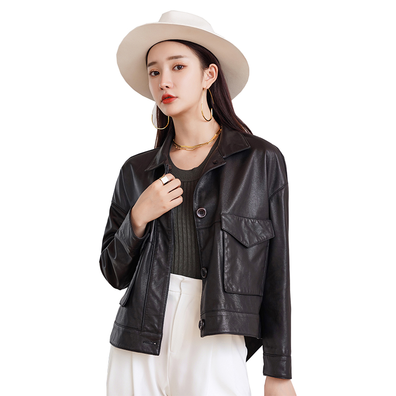 

Ptslan 2020 Genuine Leather Good Quality Jackets Women' Luxury Coat P7091, Black