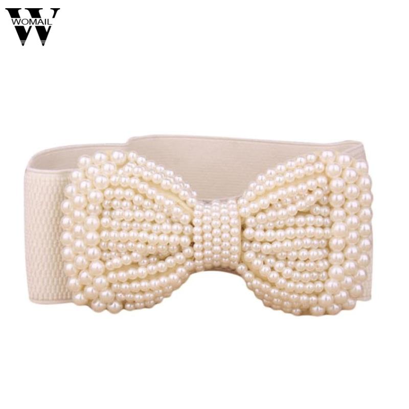 

Fashion Women Belts Bowknot Stretch Elastic Wide Belt Simulated Pearl Waistband Black Khaki