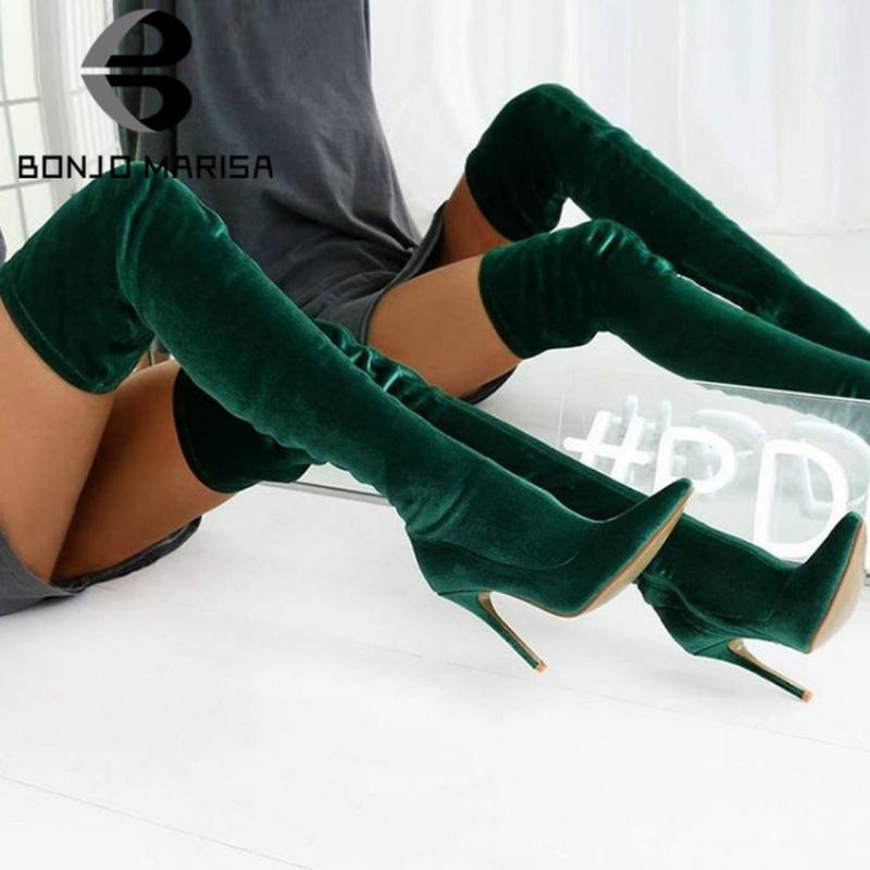 

BONJOMARISA Sexy Ladies Flock High Heels Sexy Over The Knee Boots Slip On Party Dress Stretch Boots Women INS Hot Shoes Woman, Red