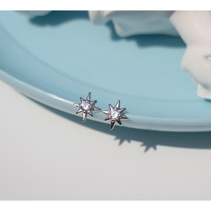 

925 Sterling Silver Earring Fashion Zircon Octagonal Star Stud Earring small Cute Pretty Trend Wild Female Girl Silver Ear Jewel