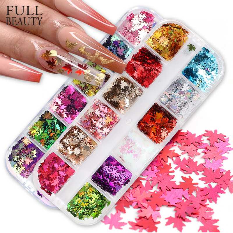 

12Grids Fall Nails Glitter Flakes Sequins Dazzling Mirror Sheet Sticker for Manicure Nail Decor Paillette Tips CHFY-2