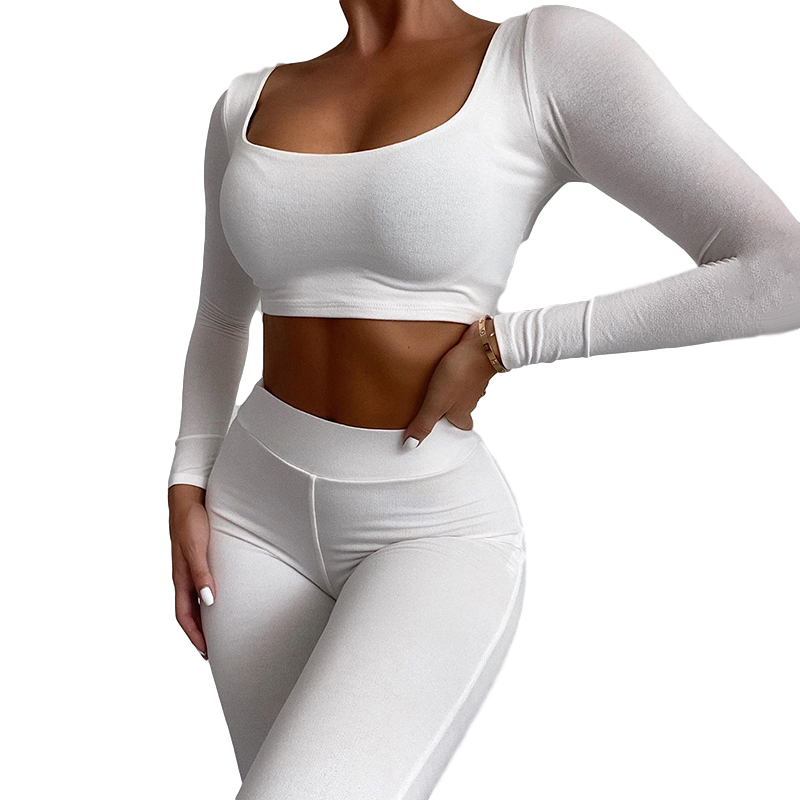 

Sport Women Autumn Set Long Sleeve Pullover Crop Tops High Waist Tight Pants Exercise Fitness Female Solid Suits, Black