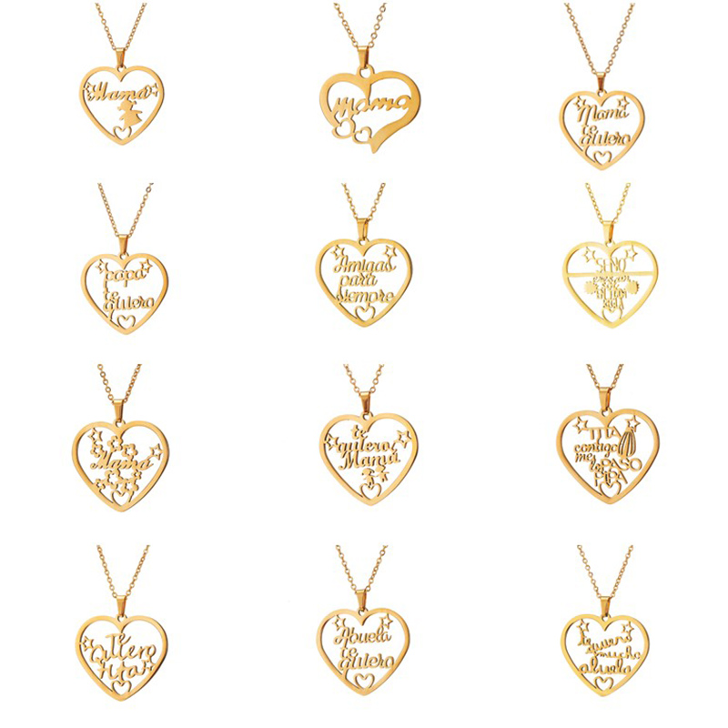 

Women Necklace Letter Mama PaPa Hollow Heart Pendant Necklace Gold Color Stainless Steel Father Mother's Day Gift Jewelry