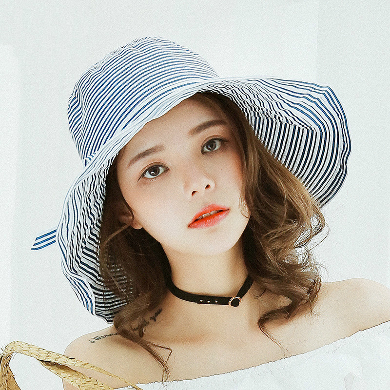 

Ladies hat summer new sun hat, fresh pinstripe foldable sunscreen big brim sun hat, Navy blue
