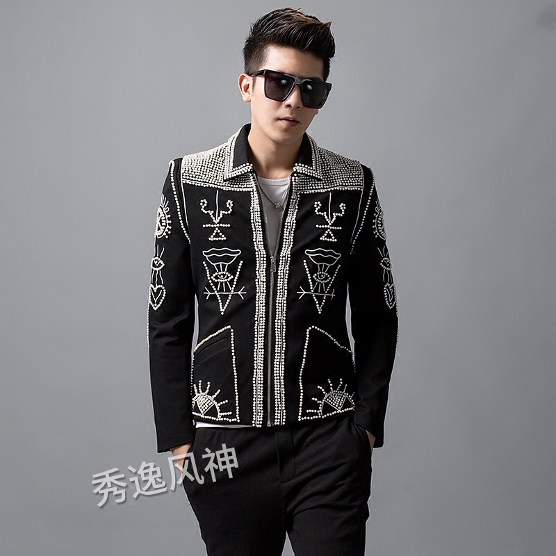 

jacket Hand beads men Stand Collar Slim Blazers Coat Wedding Bar Singer Stage Costume Blaizer Hombre heavy wormanship outfit, Black