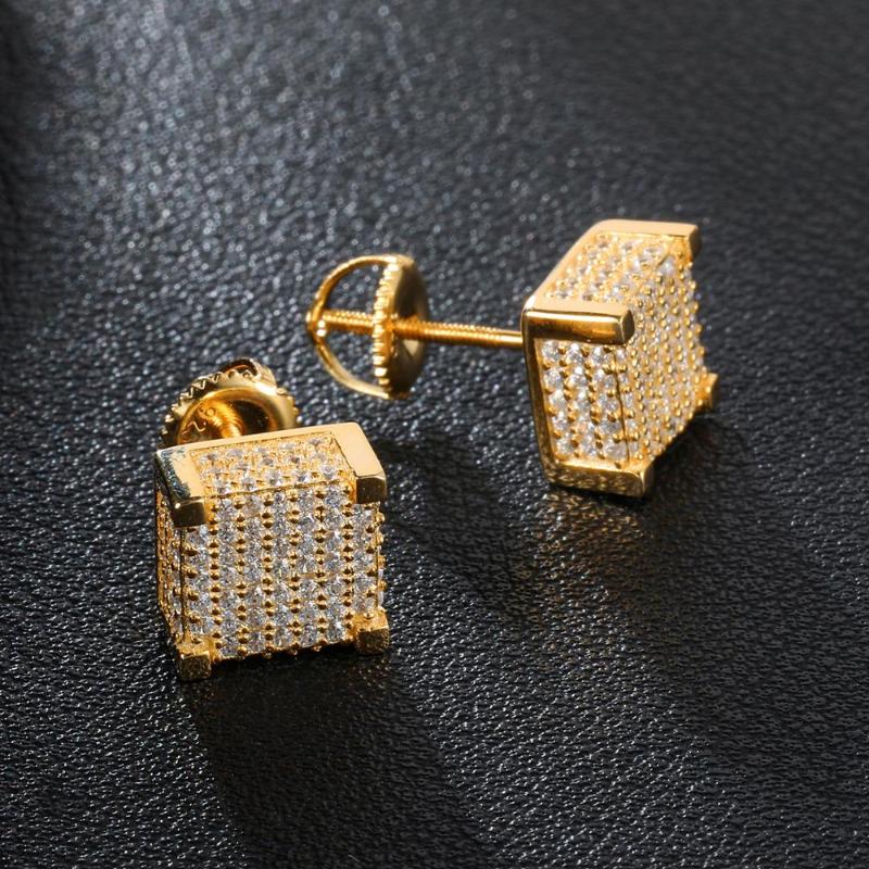 

Hip Hop New Fashion Iced Out Bling Stud Earrings Gold Color Micro Pave Cubic Zircon Square Stud Earring For Men & Women
