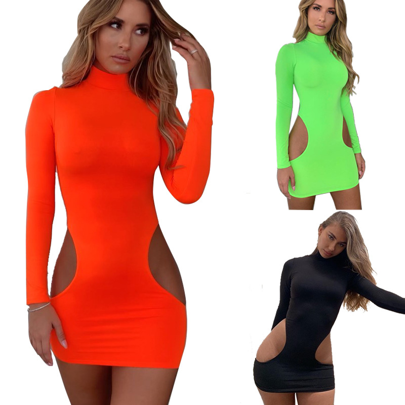 

BKLD Women Summer Dress 2020 New Sexy Cut Out Dress Long Sleeve Neon Green Bodycon Mini Clubwear Party Dresses Women Evening, Black