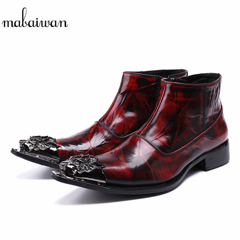 

Mabaiwan Fashion Casual Shoes Genuine Leather Men Ankle Boots Slipper Metal Pointed Toe Shoes Men Zipper Cowboy Boots, As show
