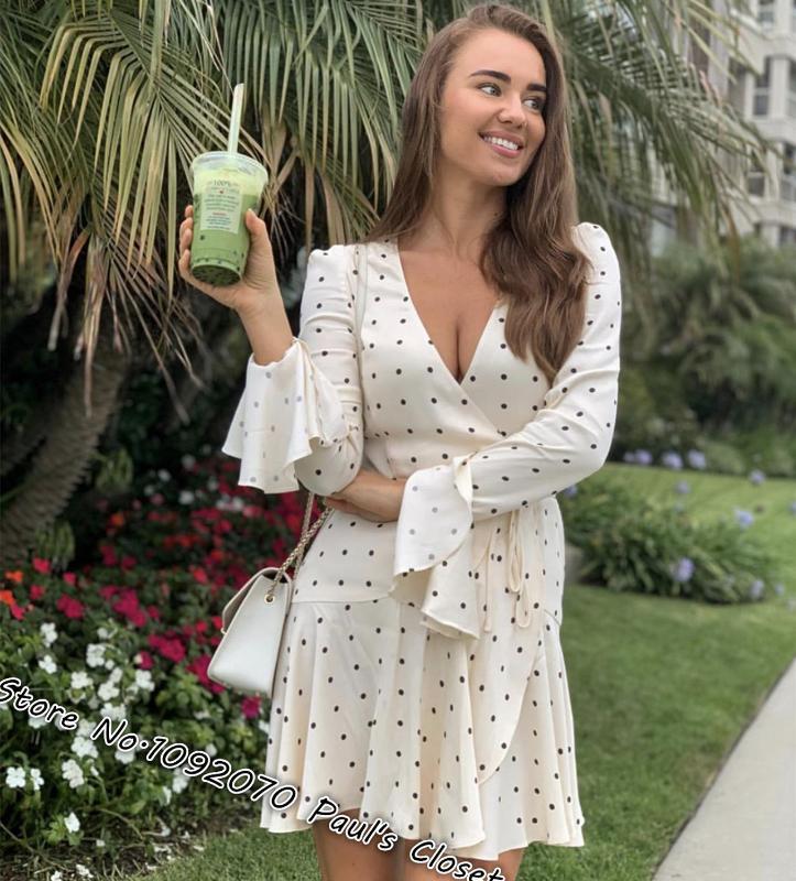 

Women Low V Neckline Spot Print Frill Cuff Mini Dress In Cream and Black